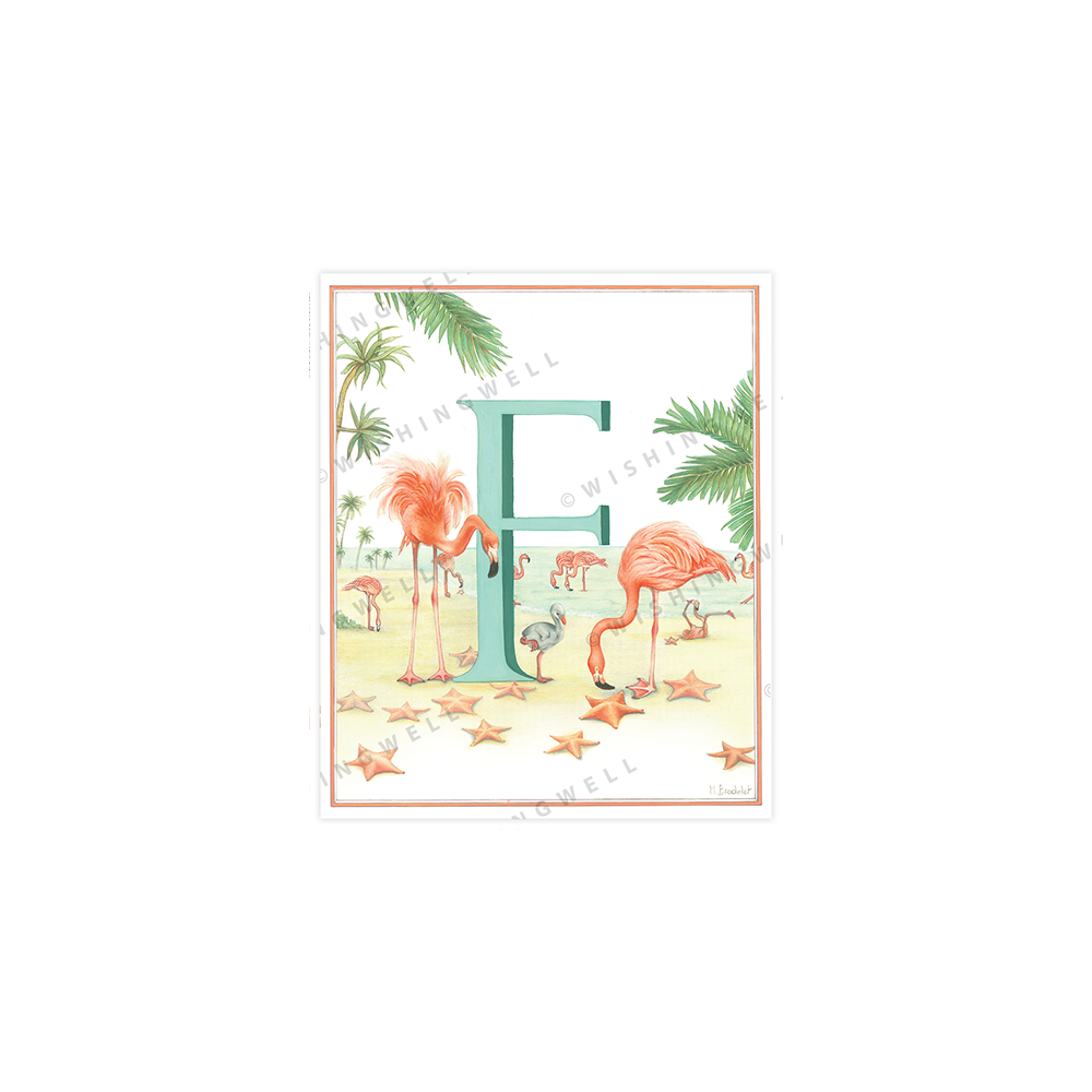 135. 'F' FLamingo * Wishingwell * card