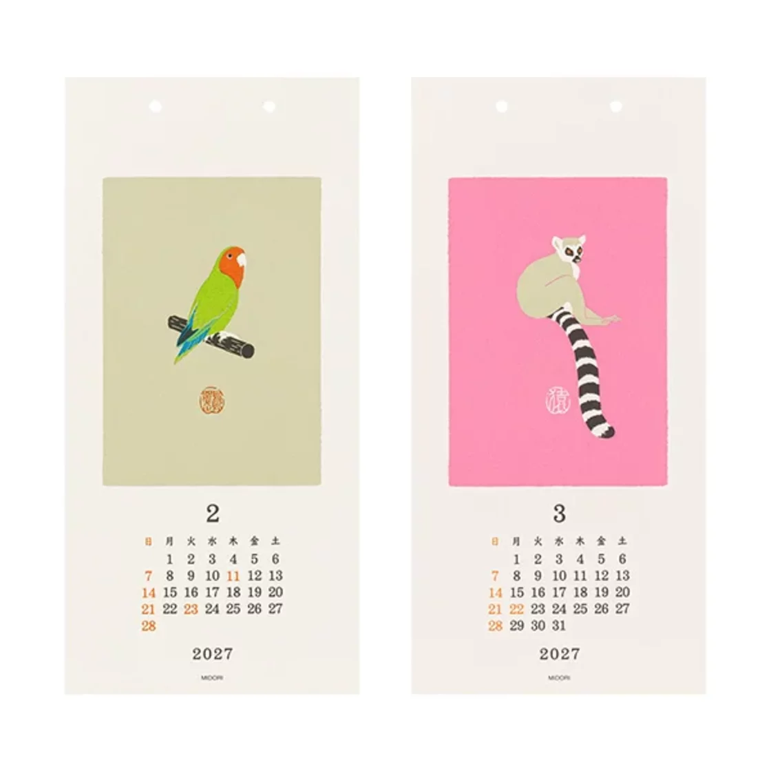 Animal Japanese wall calendar 2027 Small, Echizen Paper * Midori