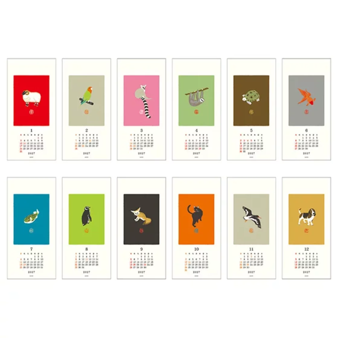 Animal Japanese wall calendar 2027 Small, Echizen Paper * Midori
