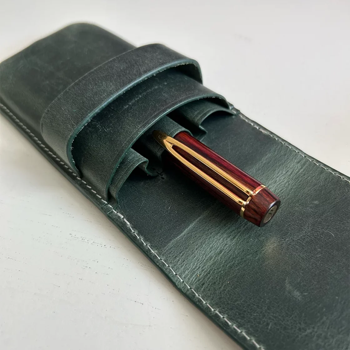 Flap Pen Case 3 pens Crazy Horse Green * Galen Leather